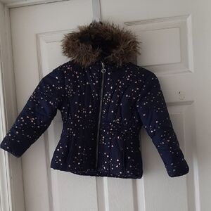 Rothschild 4T Navy Heart Pattern Puffer with Faux Fur Hood